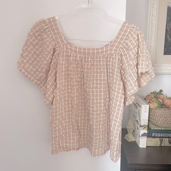 Gingham flowy blouse cream and white tie back square neck size small - Picture 1 of 10